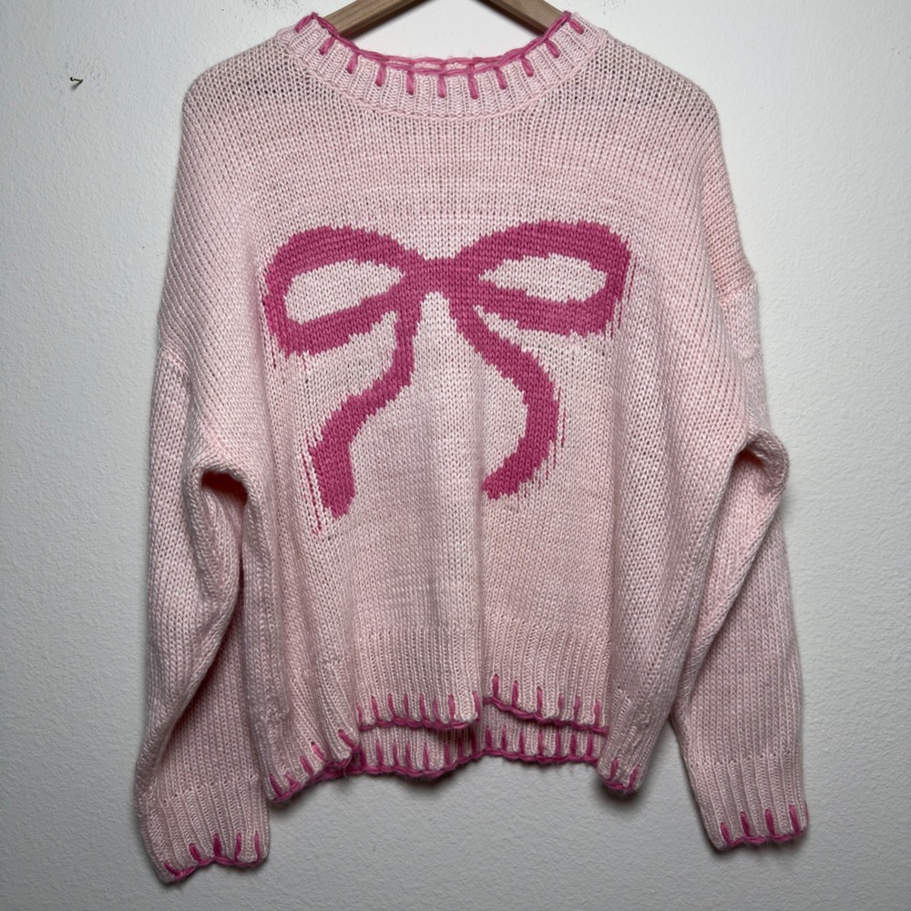 Bailey Rose Women Coquette Sweater Small Pink Intarsia Bow Knit Oversize Dainty